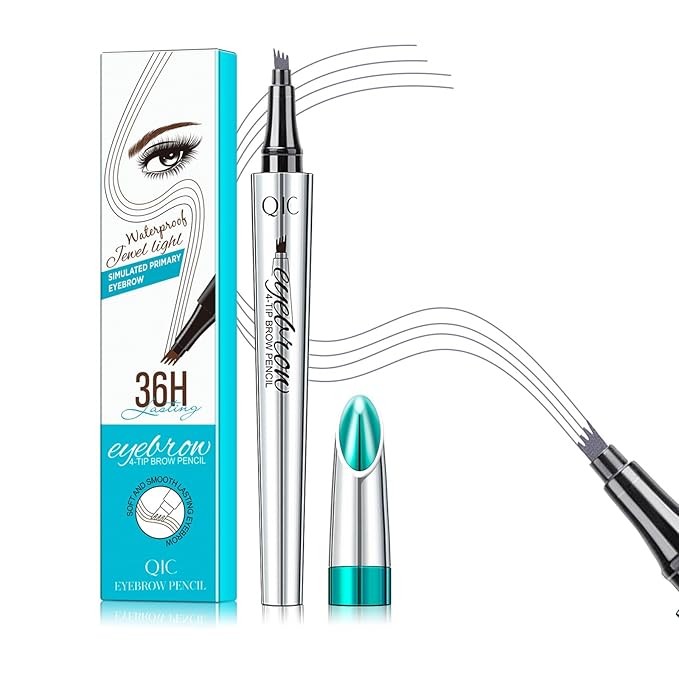 QIC Eyebrow 4 Tip Brow Pencil, Microblading Pen Waterproof Long-Lasting with Upgrade Micro-Fork Tip Applicator for Natural Brows (Gray-05)