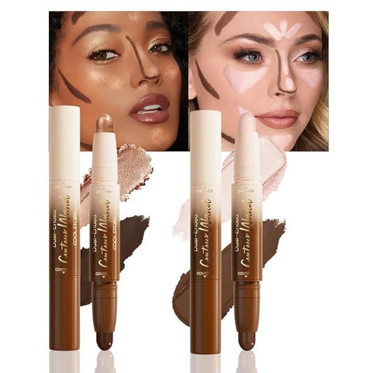 2Pcs Dual-Ended 2-in-1 Cream Contour & Highlighter Stick Makeup For Face & Body – Waterproof, Long-Lasting, Suitable for All Skin Tones, (01+03)