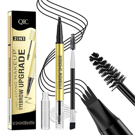 QIC Eyebrow 4 Tip Brow Pencil,Microblading Eyebrow Pencil, 2-in-1 Eyebrow Pen and Sealing Brow Gel,Waterproof Long-lasting Magic Eyebrow Pencil for Natural Makeup(Black)