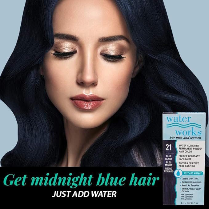 Water Works Hair Color Powder, Blue Black – Permanent Hair Dye for Root Touch-Up & Full Coverage, Men & Women, 3 Pack