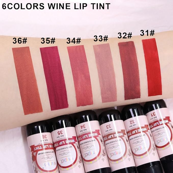 evpct Wine Bottle Lip Tint Stain 6 Colors Set Ruby Red Chestnut Nude Brown Mauve Plum Purple Matte Long Lasting 24 Hour Liquid Lipstick Set for Women labiales mate 24 horas originales labiales magicos