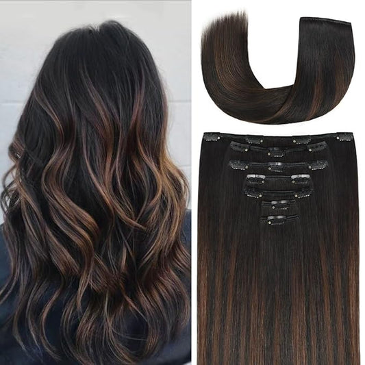 20 Inch Clip-in Hair Extensions Remy Human Hair for Women - Soft Handmade Real Human Hair Clip in Extensions, Straight, Thick, 155g 7pcs #(1BT4) P1B Color