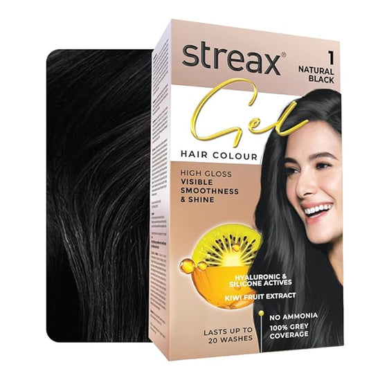 Streax Gel Hair Colour for Women & Men, Natural Black 1, 150 ml I Black I Ammonia Free, Hair Dye |Permanent Hair Colour| 100% Grey Coverage| Brown Hair Color|Lasts Upto 20 Washes