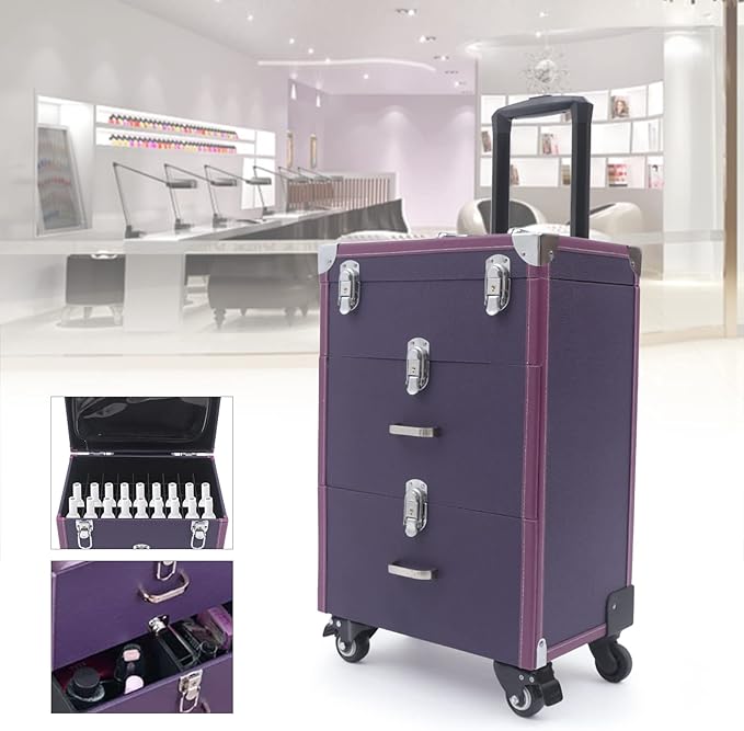 Makeup Train Case, Rolling Makeup Trolley Case, 3 Tiers Lockable Nail Polish Organizer with 2 Keys 4 Wheels (2 with Brakes) for Travel Makeup Artists Nail Technicians (Purple Case, Silver Lock)