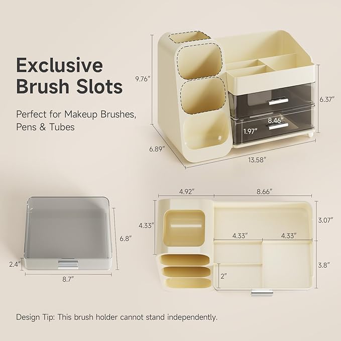 Delamu Big Makeup Organizer with Drawers, Spacious Cosmetic Display Caddy with Makeup Brush Holder, Bathroom Countertop Organizer for Vanity, Dorm, Desk, Beige