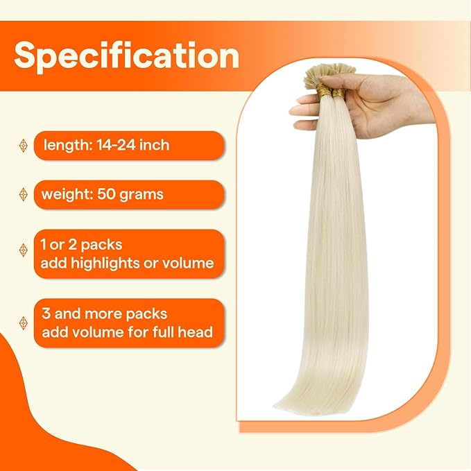 Full Shine 24 Inch K Tip Hair Extensions Real Human Hair Ice Blonde Ktip Human Hair Extensions 50 Grams Fusion Extensions Straight Remy Hair for Women add Length