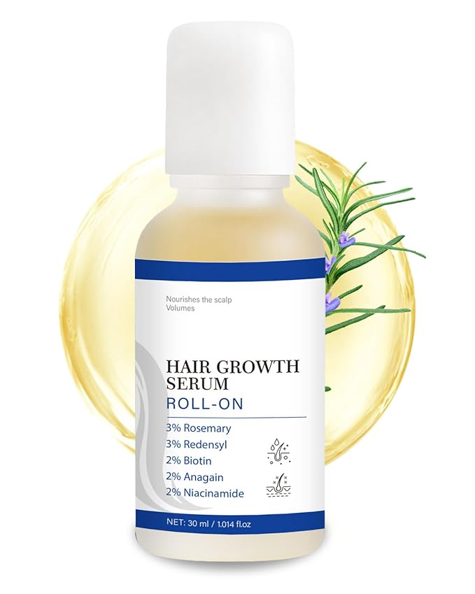 Hair Growth Serum Roll On with Rosemary, Redensyl, Biotin, AnaGain & Niacinamide,No-Rinse & Non-Greasy For All Hair Types (1.01 fl.oz 1Pack, 3% Rosemary)