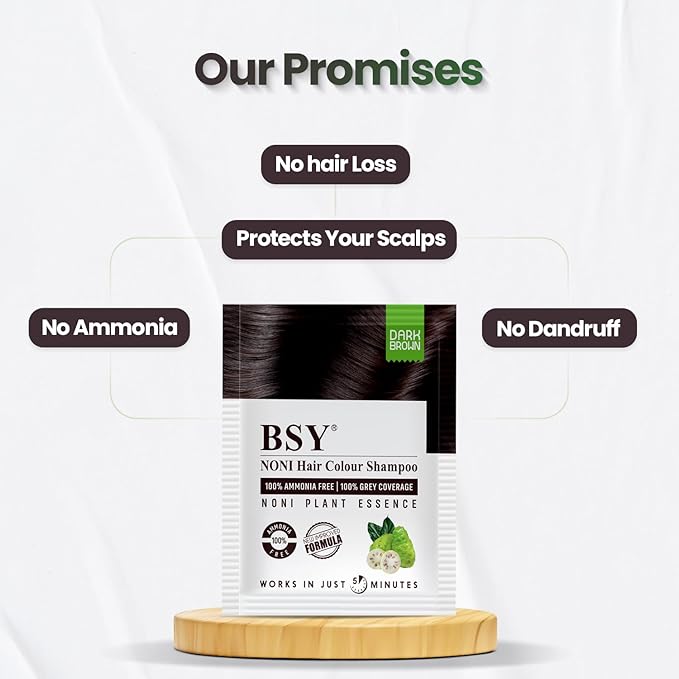 BSY Noni Dark Brown Hair Color Shampoo | Anti Hair Fall | 100% Ammonia-Free | Noni Fruit-Based 5-Minute Hair Color | Natural Shine & Conditioning | 20ml x 6 Packs
