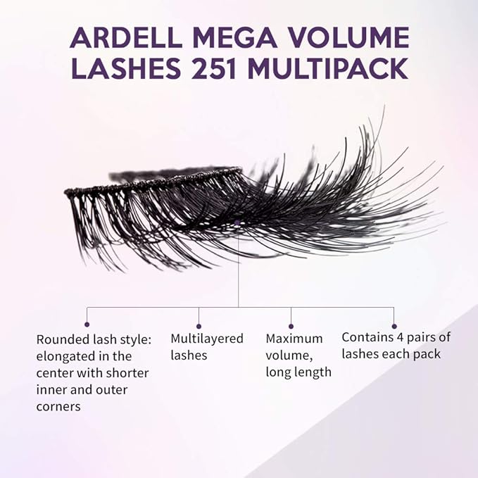 Ardell False Eyelashes Mega Volume 251 – Fluffy Volume for a Dramatic Look, Wispy Lashes, Full Strip Lashes, 2 Pack
