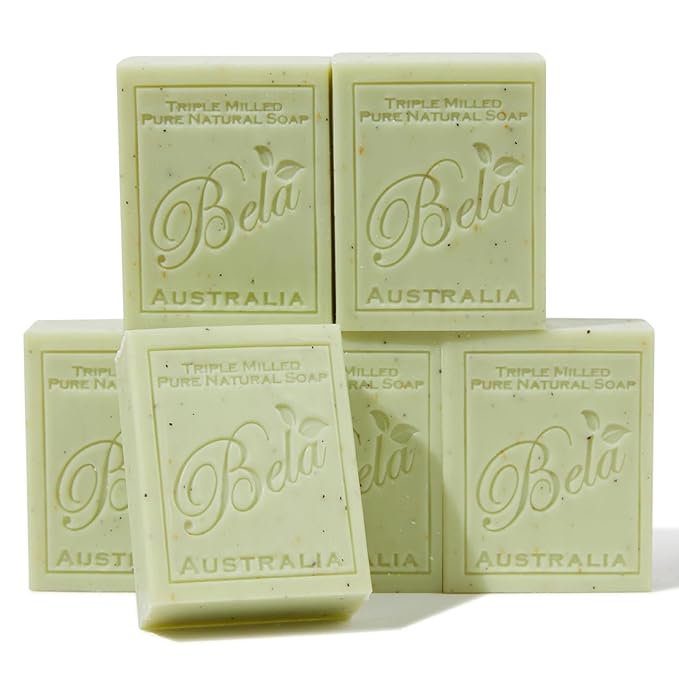 BELA Gardeners with Crushed Leaf and Bran Soap 3.3 OZ Pack of 6, Long Lasting French Triple Milled Bar Soap with Organic Shea Butter, Hand, Face and Body Wash Bar, Made in Australia