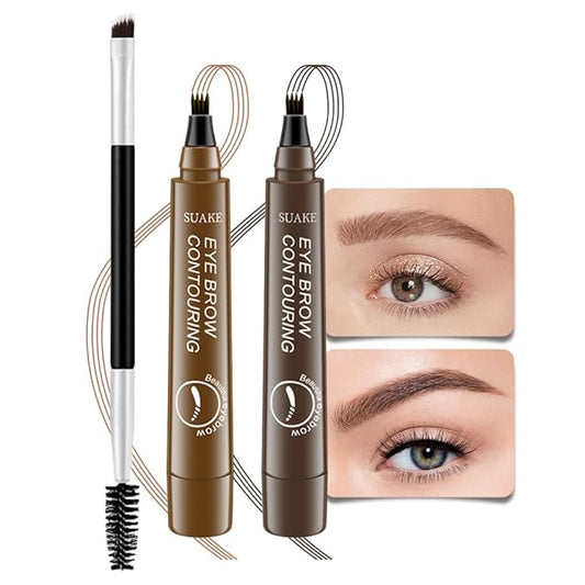 Kaely 2Pcs Light Dark Brown Microblade Eyebrow Pen with Brush, Magical Precise Waterproof Brow Pen, 4 Tip Eyebrow Contouring Eye Brow Pencils for Women, Creates Natural Brows, Sponge Head 01+02