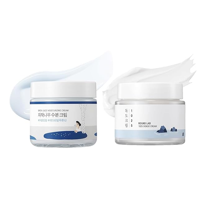 ROUND LAB Hydrating Face Moisturizer Duo for Sensitive Acne-prone Skin, Birch Juice Moisturizing Cream and Dokdo Cream,2.71 Fl Oz Lightweight Daily Face Cream Set, Barrier Cream, Korean Skin Care