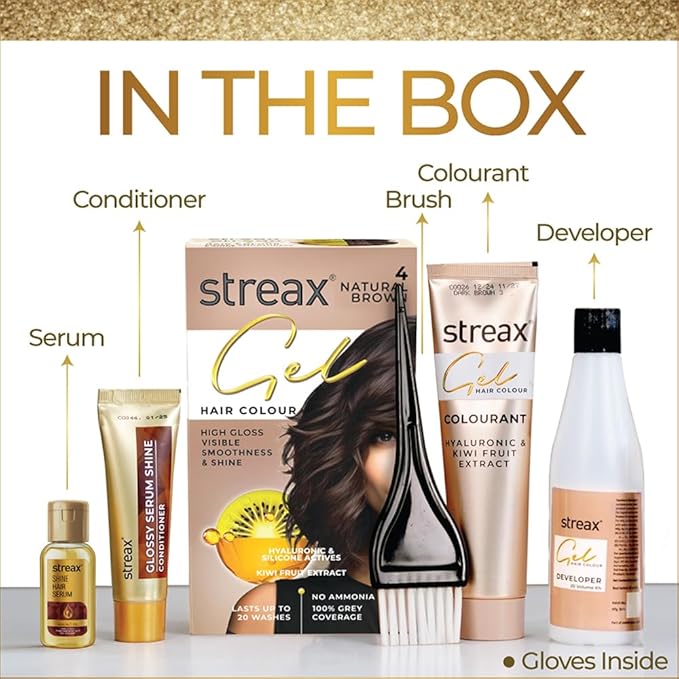 Streax Gel Hair Colour for Women & Men, Natural Brown 4, 150ml|Hair Colour Brown|100% grey coverage |Long Lasting Hair Color, easy to use| Ammonia Free Hair Color, No Paraben & Sulphate
