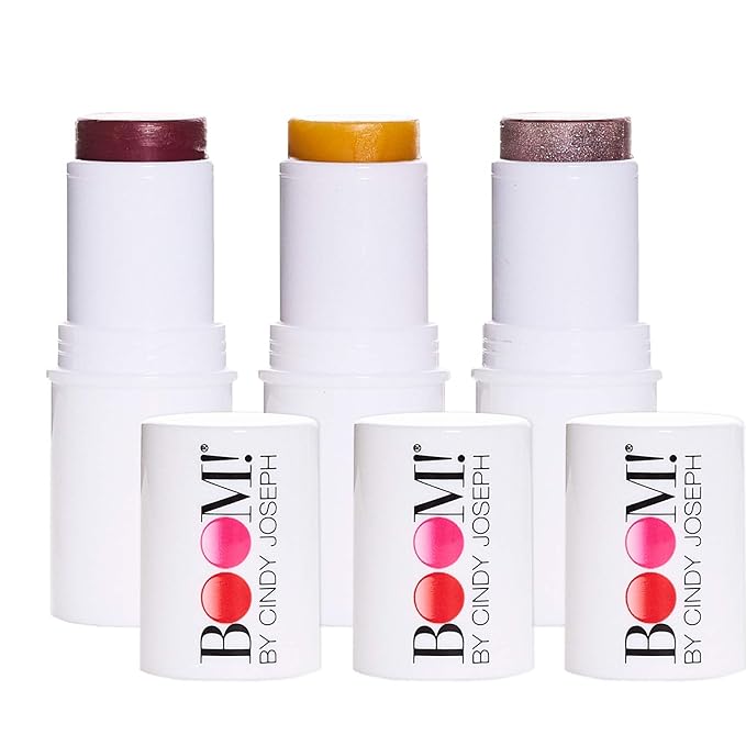 Complete Look Bundle - 3-Pack Boom Makeup Sticks and Boom Gloss ™: Blush Stick, Highlighter Stick, Moisturizer Stick, and Translucent Gloss - All You Need for a Flawless Look - BOOM! by Cindy Joseph