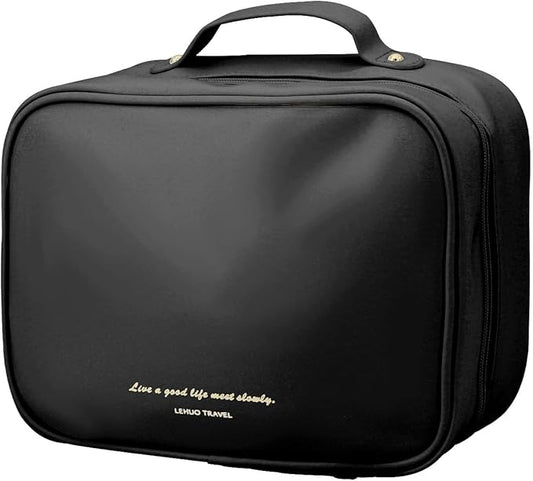 Travel Makeup Bag Large Capacity Cosmetic Organizer Waterproof Leather Toiletry Bag with Brush Holder and Handle Portable Cosmetic Storage Bag for Women Girls Gift - Black