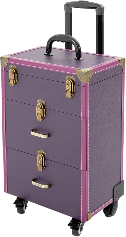 Makeup Train Case, Rolling Makeup Trolley Case, 3 Tiers Lockable Nail Polish Organizer with 2 Keys 4 Wheels (2 with Brakes) for Travel Makeup Artists Nail Technicians (Purple Case, Tan Lock)