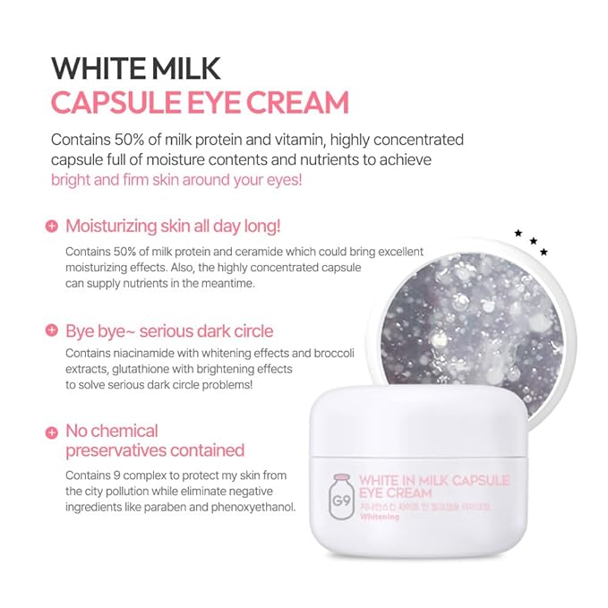 G9SKIN White In Milk Capsule Eye Cream - Lightweight Daily Eye Care Hydrating Brightening Korean Eye Cream for Dark Circles & Fine Lines, 30g