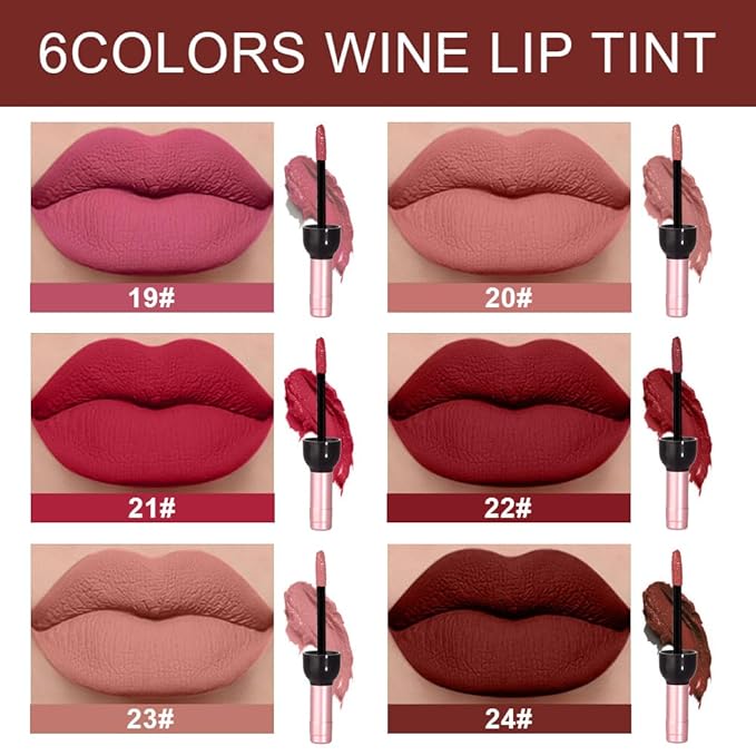 evpct Wine Lip Tint Stain 6 colors Set Long Lasting Waterproof, Mauve Light rosey nude Ruby red Dark red Light pink beige Red brown 6 Wine Bottles Shades Colored Lip Tint Stain Liquid Lipstick Set 04