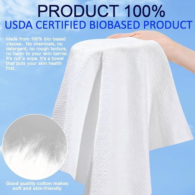 Disposable Face Towels 100% USDA Biobased Makeup Remover Dry Wipes Face Towelette, 10in X 12in Large Size Super Soft & Thick Face Cloths for Sensitive Skin 50 Ct /1 Pack