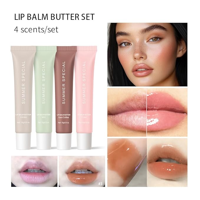 4Pcs Summer Lip Glossy Butter Balm Set, Instant Moisture Sheer Tint, Non-Sticky, Conditioning Formula to Soothe & Repair Dry, Chapped Lips, Jelly Lip Stain with Natural Scent (#1+2+3+4, 4Pcs)