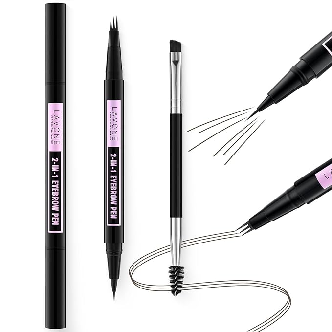 LAVONE Eyebrow Pencil, 2-In-1 Waterproof Eyebrow Pen, with 3 Tip Microblading Eyebrow Pen and Ultra-Precise Brow Pencil, Dual-ended Eyebrow Brush, for Eyebrow Makeup - Medium Brown