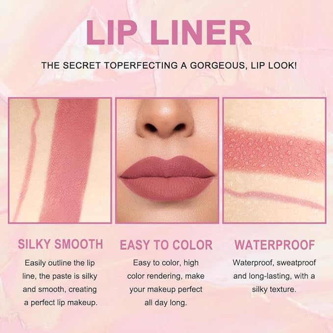 Kaely 2-in-1 Chestnut Antique Rose Lip Liner & Lipstick Set Kit for Women, Matte Lips Kit with Lip Liner Lip Stains Long Lasting Waterproof 24 Hour Lipstick and Lip Liners Combo Lipliners Pencil 04