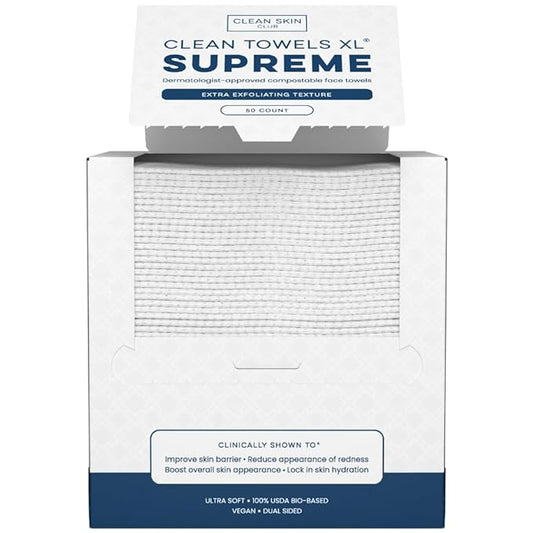 Clean Skin Club Clean Towels XL® Supreme, 100% USDA Biobased Face Towel, Disposable Face Towelette, Eczema Association Accepted, Thicker Textured Makeup Remover Dry Wipes, 1 Pack, 50 Ct