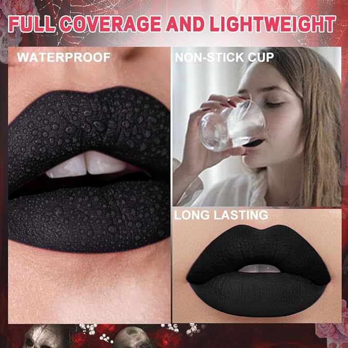 evpct 1Pcs Dark Black Matte Liquid Lipstick Lip Stain Sets for Women, Skull Face Halloween Matte+Lipstick Long Lasting Permanent 24 hr Hours Magic Lipstick 24 Hours original Waterproof, 19#