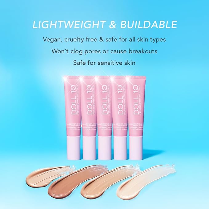 Doll 10 TCE Liquid Filter – CC Cream - Liquid Foundation - Lightweight Tinted Moisturizer & Skin Tint - Blurs Pores & Fine Lines - Vegan - Clean Makeup - [ Deep ] - 30 Day Supply