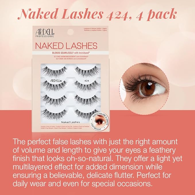 Ardell Naked Lashes #424, Strip Lashes Natural with Invisiband for Subtle Volume & Length, 4 Pairs, 1 Pack