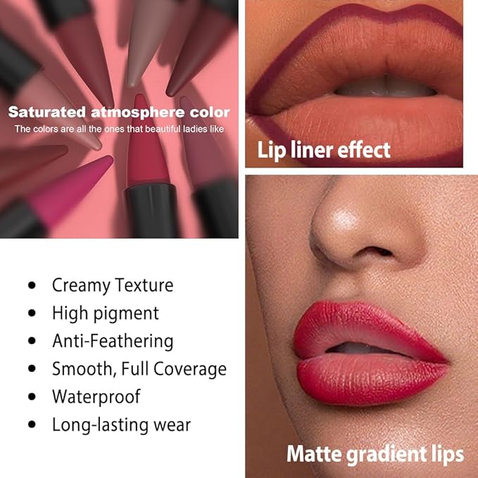 evpct 3Pcs Ruby Dark Red Maroon Gradient Matte Lipstick Lip Liner Combo Set for Older Women Long Lasting Waterproof, Lips Stick Crayon Cream Lip Liner Lipstick Combo Makeup, Flawless Ombre Effect