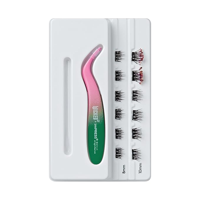 imPRESS X WICKED: FOR GOOD Press On Self Adhesive Eyelashes, ‘Friends Till The End’, 8mm-10mm Natural Volume Press On Lashes, Purple Glitter, 12 Lash Clusters & Non-Stick Mini Applicator