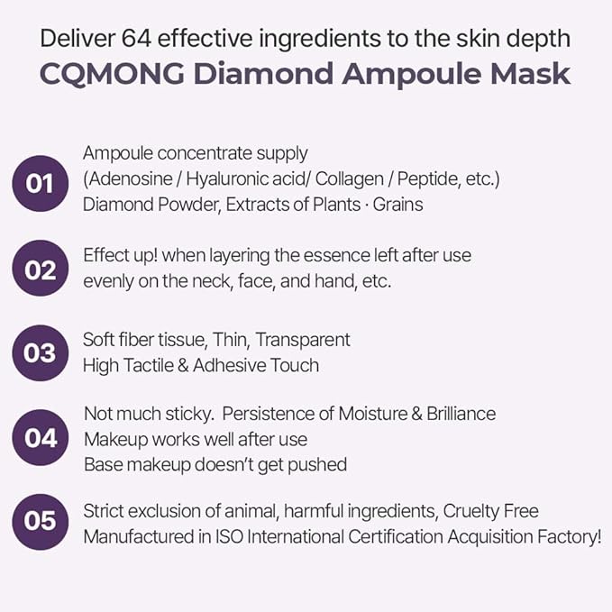 Diamond Ampoule Sheet Mask (30g x 10pcs), Korean Face Facial Masks, Glossy & Elastic Skin, Hydrating, Soothing, Nourishing, Collagen & Hyaluronic Acid, Smooth Sheet