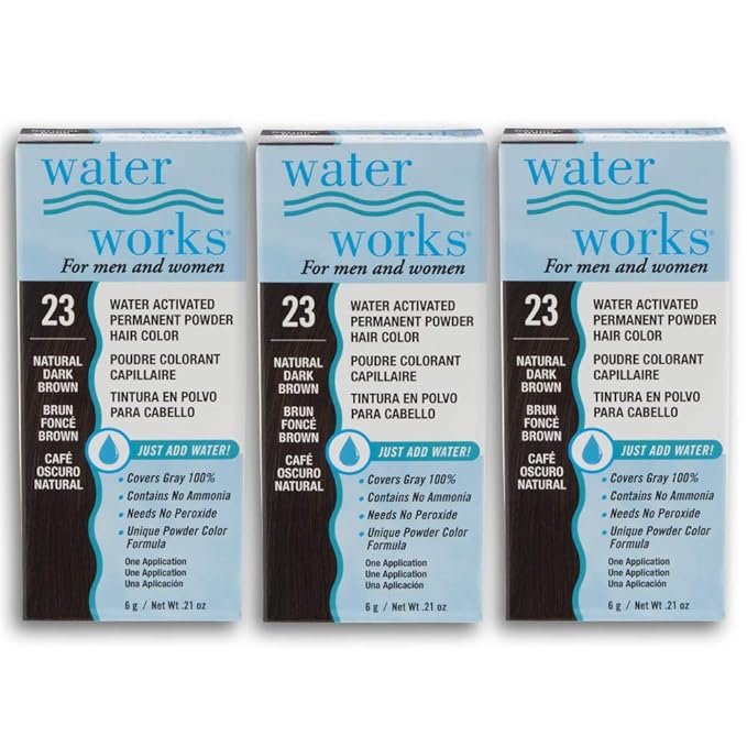 Water Works Hair Color Powder, Dark Brown – Permanent Hair Dye for Root Touch-Up & Full Coverage, Vivid Color, Men & Women, 3 Pack