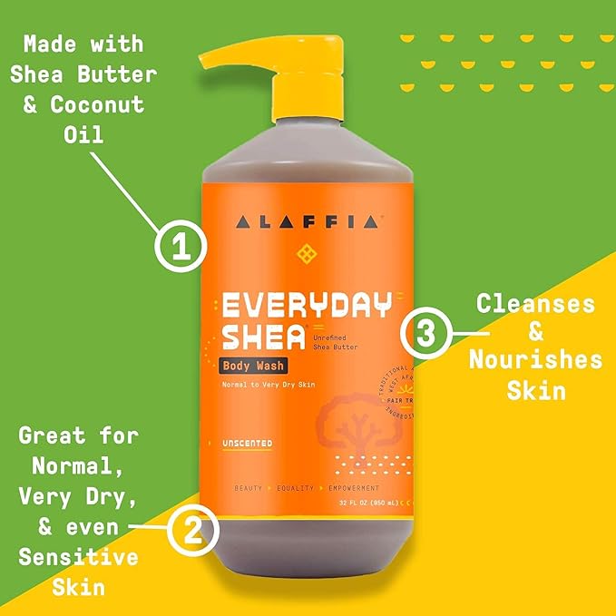 Alaffia EveryDay Shea Body Wash, Naturally Moisturizing Cleanser for All Skin Types with Fair Trade Shea Butter, Neem & Coconut Oil, Unscented, 32 fl oz