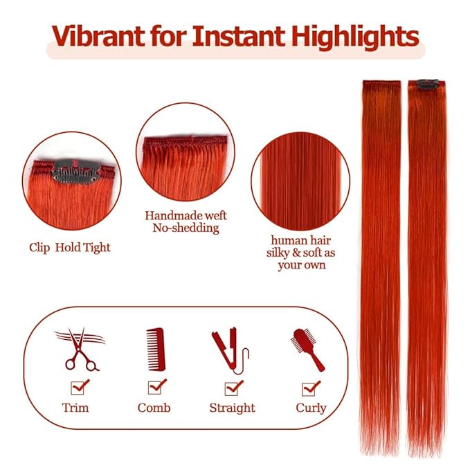 Winsky Orange-red Hair Extensions Girls Clip in Human Hair - 100% Straight Party Highlights Clip on Colored Hair Extensions 5 Pieces/Set (18inch,Orange-red)