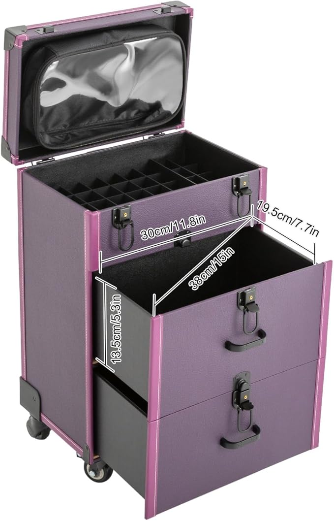 Makeup Train Case, Rolling Makeup Trolley Case, 3 Tiers Lockable Nail Polish Organizer with 2 Keys 4 Wheels (2 with Brakes) for Travel Makeup Artists Nail Technicians (Purple Case, Black Lock)