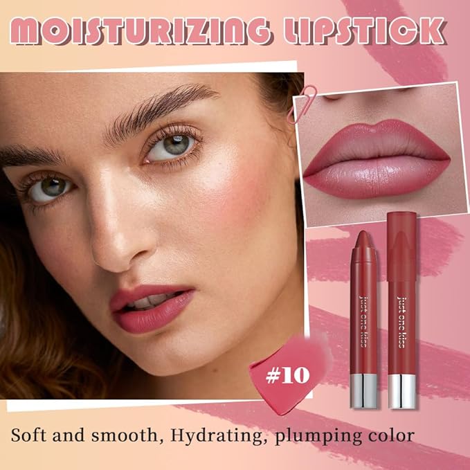 Rose Red Hydrating Cream Lipstick Lip Crayon for Women, Moisturizing Lipstick Long-lasting Waterproof, Retractable Lips Crayon Liner for Ombre Shades, Tinted Lip Balm + Lips Color in One, 10