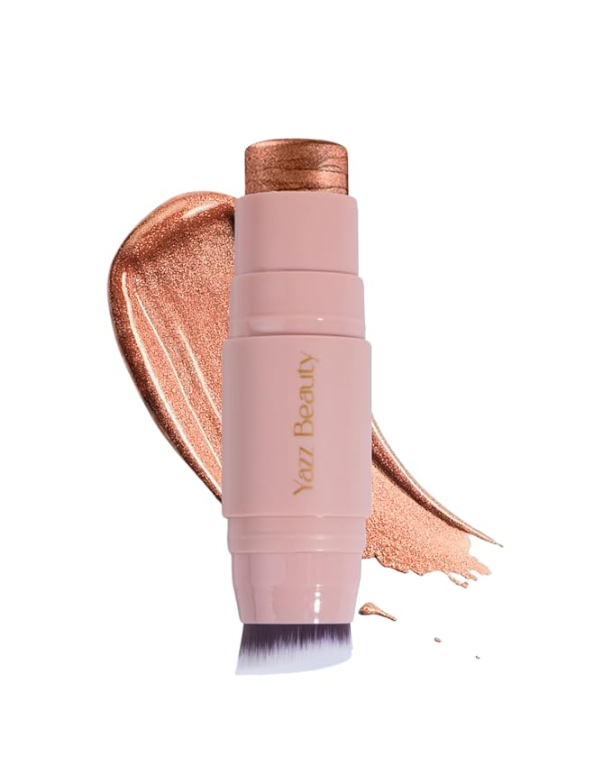 YazzBeauty Makeup Highlighter Stick with Brush – Miami Warm Bronze Shimmer | Brightening & Glowy Finish | Lightweight Formula for Face