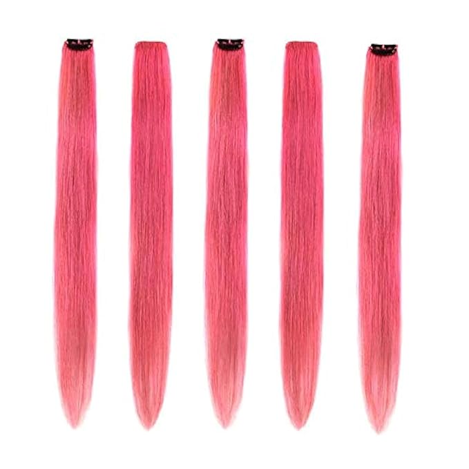 Winsky Pink Hair Extensions Clip in Human Hair - Clip on Colored Girls Hair Extensions Women Beauty 5 Pieces/Set (18inch,Pink)