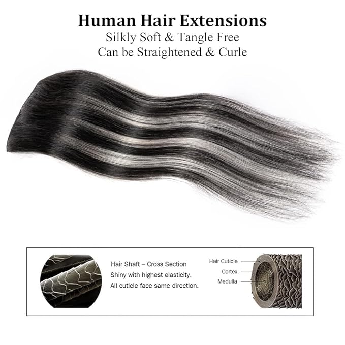 18" Clip in Hair Extensions Remy Human Hair Black Balayage Silver for Women - Silky Straight 100% Real Human Hair 60grams 4pieces #1BT(SilverP1B) Color