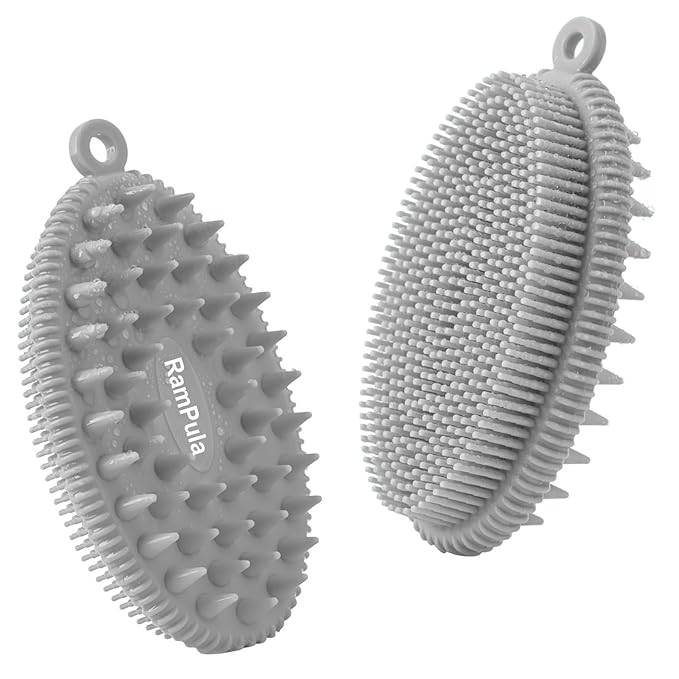 Silicone Body Scrubber Brush, 2in1 for Exfoliating Wet or Dry Skin Body Wash Bath Shower Tool, with Super Soft Manual Facial Cleansing Brush Scrubber (Grey)