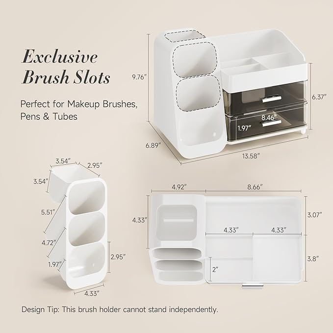 Delamu Makeup Organizer Countertop, Spacious Cosmetic Display Case with Makeup Brush Holder, Perfect Vanity Bathroom Organizer and Storage Solution for Skincare & Beauty Essentials, White