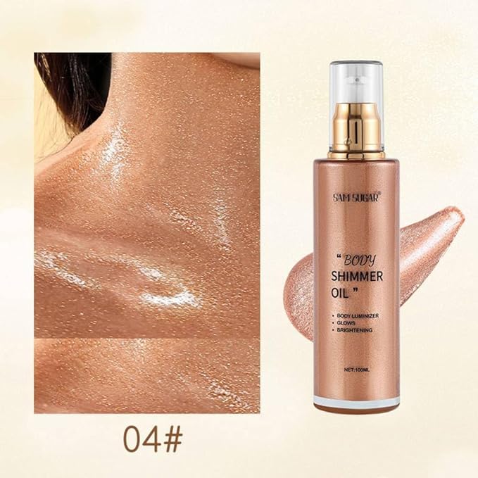 SAM SUGAR Shimmer Body Oil 3.38 Fl OZ Long Lasting Liquid Illuminator with Brush for Body Glow Illuminating Body Moisturizer 100ml Body & Face Highlighter for a Radiant Glow（04#）