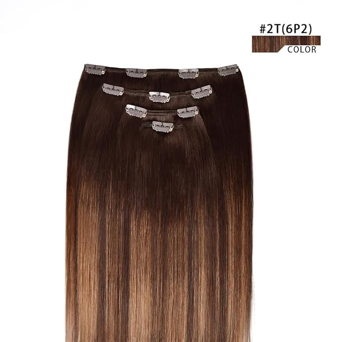 12" Clip in Hair Extensions Remy Human Hair Brown Balayage for Women - Silky Straight 100% Real Human Hair 50grams 4pieces #2T(6P2) Color