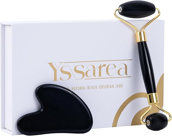 Yssarea Obsidian Roller and Gua Sha - Face Roller | 100% Natural Obsidian Stone Set | Dual Sided Face Massager | Reduces Signs of Aging