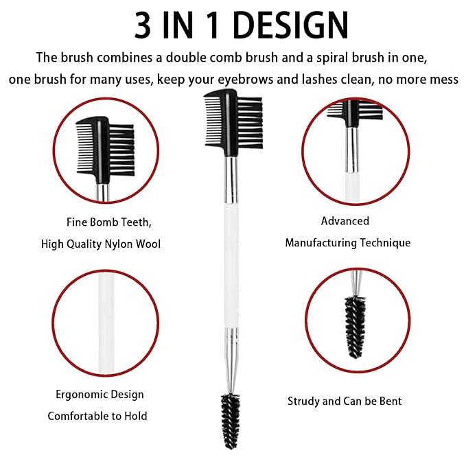 2PCS Eyebrow Eyelash Brush 3 Head Eyelash Comb Double Head Brush Makeup Grooming Tool Cosmetic (White)