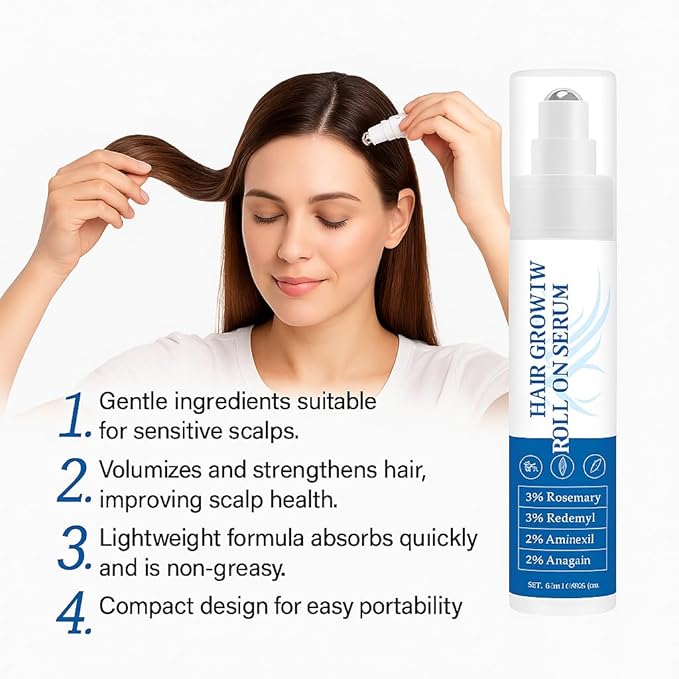 Rosemary Hair Growth Roll-On Serum 3% Rosemary Oil,2% Redensyl Anagain Strengthens Roots,Reduces Hair Loss,Volumizes & Nourishes Hair Lightweight,Non-Greasy Formula for Scalp Health 25mL*2Pcs