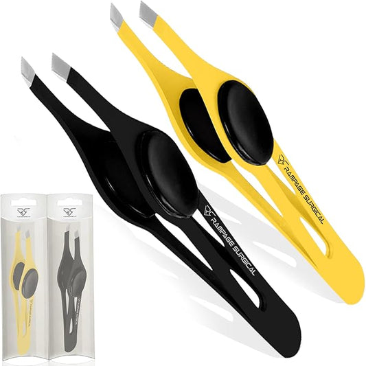 Professional Eyebrow Tweezers Slanted Tip Stainless Steel 2,3xPcs Set, Non-Slip Grip Slant Tip Tweezers for Facial Hair, Plucking Removing Ingrown Hairs, Tweezer for Women Men (Black&Yellow)