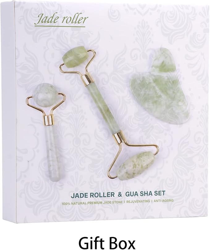 HOTACE Jade Roller for Face-3 in 1 Kit Facial Massager Tool Natural Jade Stone Facial Roller Anti Aging,Face Beauty Set for Eye Anti-Wrinkle-Green